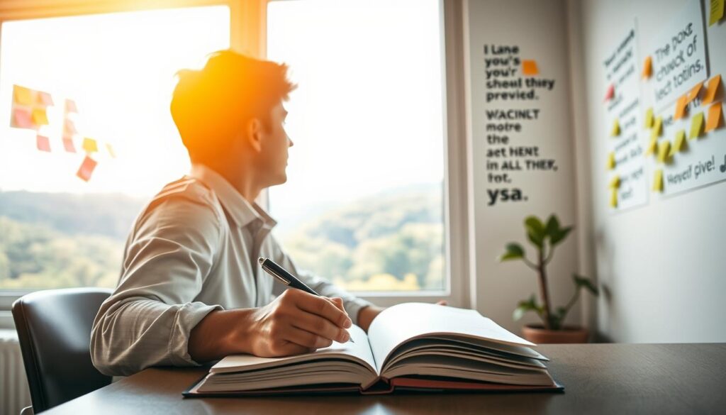 A brightly lit, inspirational scene of a person sitting at a desk, gazing out a window with determination. In the foreground, their hands rest on an open notebook, pen in hand, ready to capture their thoughts. The middle ground features a wall adorned with colorful sticky notes and motivational quotes, creating an atmosphere of focus and drive. The background showcases a lush, verdant landscape outside the window, symbolizing the growth and progress that can be achieved through sustained effort and motivation. Warm, natural lighting filters in, casting a gentle glow and fostering a sense of optimism and productivity.