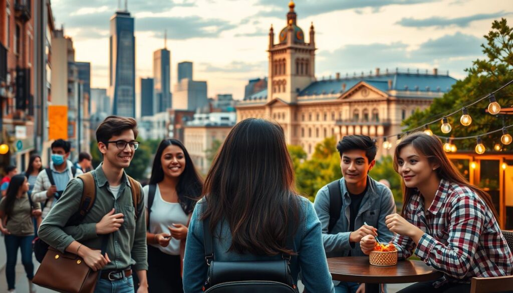 A bustling city skyline at golden hour, with a vibrant exchange student navigating the streets, briefcase in hand, exploring the local culture and architecture. In the foreground, a group of diverse students engaged in lively discussion, gesturing animatedly as they exchange ideas and experiences. The middle ground features a cozy cafe, where an international student savors a local delicacy, surrounded by the warm glow of string lights. In the background, a towering university campus, its grand facade symbolic of the transformative potential of cross-cultural exchange. The scene exudes a sense of exploration, collaboration, and personal growth, capturing the essence of maximizing one's study abroad experience.