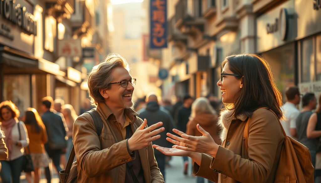 A bustling city street, bathed in warm, golden sunlight that casts a cozy glow. In the foreground, two people engaged in a lively conversation, gesturing animatedly as they exchange ideas. Their expressions are animated, their body language open and welcoming. The background features a mix of pedestrians, storefronts, and architectural details that create a vibrant, urban atmosphere. The scene evokes a sense of camaraderie, personal connection, and the natural flow of engaging dialogue between native speakers.
