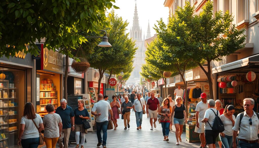 A bustling outdoor shopping scene, with vibrant storefronts, colorful merchandise displays, and pedestrians strolling along a cobblestone street. The warm, golden sunlight filters through the trees, casting a cozy glow over the lively atmosphere. In the foreground, a mix of modern and traditional architecture frames the scene, hinting at the diverse cultural influences. Shoppers browse the wares, conversing in various languages and gesturing animatedly as they negotiate prices. The middle ground is a tapestry of activity, with vendors hawking their goods and passersby pausing to admire the enticing array of products. In the background, a majestic cathedral or historic landmark stands as a testament to the city's heritage, complementing the dynamic shopping experience.