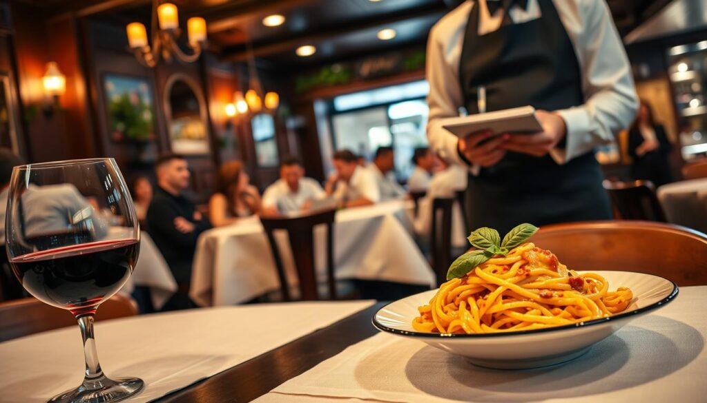 A cozy Italian restaurant with warm lighting and a bustling atmosphere. In the foreground, a table with a linen tablecloth and a glass of red wine. On the table, a delicate plate of pasta with a rich, creamy sauce, garnished with fresh basil leaves. In the middle ground, a waiter in a crisp white shirt and black apron approaches the table, holding a notepad and pen, ready to take the order. The background is filled with the chatter of other diners, the clink of glasses, and the aroma of simmering sauces wafting from the open kitchen. The overall scene conveys a sense of anticipation and enjoyment of a traditional dining experience.