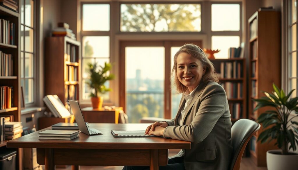 A cozy home office setting with a native English teacher sitting at a wooden desk, gazing intently at the camera. Warm, natural lighting filters in through large windows, casting a soft glow over the scene. The teacher, dressed in professional attire, radiates an approachable and engaging demeanor. Bookshelves line the walls, hinting at their wealth of linguistic knowledge. The background features a serene outdoor view, perhaps a tranquil garden or cityscape, to evoke a sense of relaxation and focus. The overall atmosphere conveys the comfort and expertise of a native English instructor, ready to guide students through the nuances of the language.