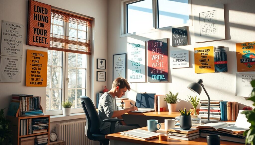 A cozy, sun-drenched home office with a student diligently studying, surrounded by motivational quotes, inspirational books, and an organized workspace. A large window floods the room with natural light, casting a warm glow. The student, dressed casually but neatly, is deeply engrossed in their work, a cup of coffee or tea nearby. The walls are adorned with vibrant, colorful art that evokes a sense of focus and productivity. The overall atmosphere is one of peaceful determination, encouraging the viewer to stay motivated and persist through their educational journey.