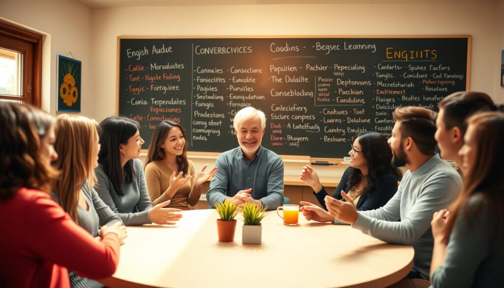 A cozy, well-lit classroom setting with a group of diverse students engaged in a conversational English practice session. The foreground features a circular table where the students are sitting, actively discussing and gesturing with their hands. The middle ground showcases the teacher, standing with an encouraging smile, guiding the conversation. The background depicts a vibrant chalkboard or whiteboard filled with English vocabulary and grammar notes, creating an immersive educational atmosphere. The lighting is warm and natural, creating a welcoming and productive learning environment. The overall mood is one of focused collaboration and language immersion.