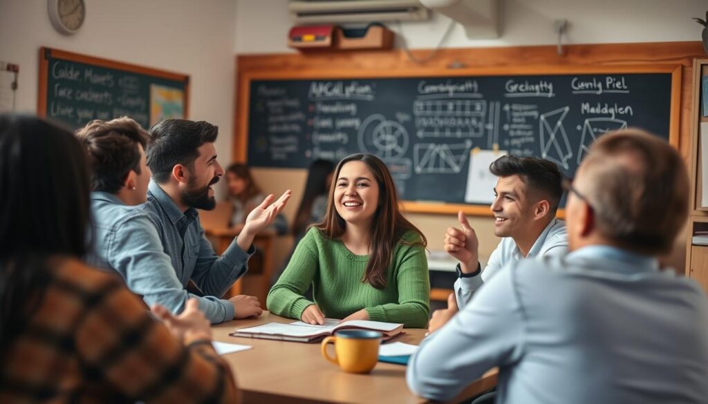 A cozy, well-lit classroom setting with students of diverse backgrounds engaged in interactive discussions and presentations. The foreground features a group of students seated around a table, gesturing animatedly and exchanging ideas. The middle ground showcases a teacher or facilitator guiding the discussion, their face alight with enthusiasm. The background reveals a chalkboard or whiteboard filled with notes and diagrams, suggesting a collaborative and intellectually stimulating environment. The overall atmosphere conveys a sense of warmth, camaraderie, and a genuine passion for learning.