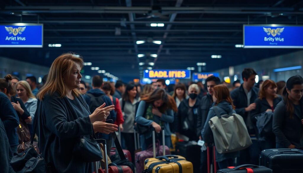 A crowded airport terminal, passengers hurrying with suitcases and carry-on bags. In the foreground, a worried woman speaking to an airport staff member, gesturing with concern. In the middle ground, a family comforting a distressed child. The background is dimly lit, with flickering overhead lights casting an anxious atmosphere. The scene is captured with a wide-angle lens, emphasizing the chaos and urgency of the situation. The lighting is dramatic, with deep shadows and high contrast, creating a sense of tension and unease. The overall mood conveys the stress and uncertainty of dealing with travel emergencies.