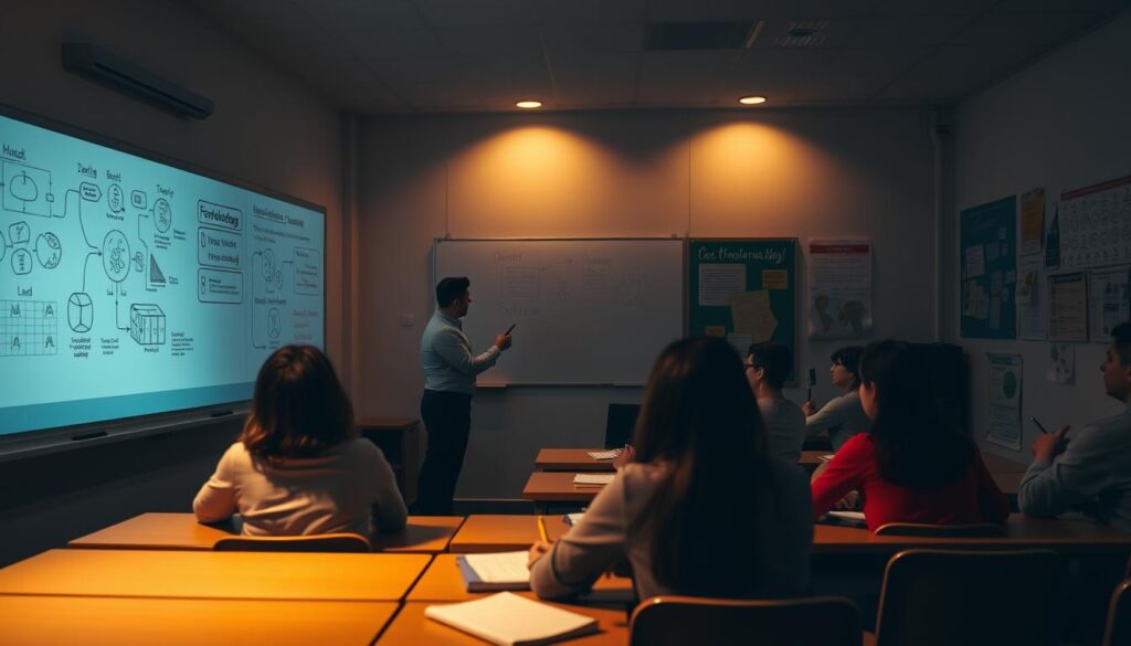 A dimly lit classroom scene, with a teacher standing at the front of the room, gesturing towards a whiteboard filled with diagrams and bullet points. The students are seated at desks, engaged and attentive, with notepads and pens in hand. Soft, warm lighting casts a thoughtful glow, conveying a sense of focused learning. The walls are adorned with educational posters and charts, hinting at the diverse teaching methodologies employed. The scene radiates an atmosphere of intellectual curiosity and pedagogical exploration, capturing the essence of "metodologia de ensino" in an visually compelling manner.