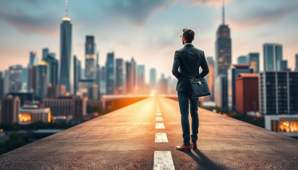 A dynamic career path unfolds, showcasing a diverse array of professional opportunities. In the foreground, a confident individual stands at a crossroads, contemplating their next steps towards English fluency and career advancement. Surrounding them, a bustling cityscape with towering skyscrapers and vibrant cityscapes creates a sense of possibility and growth. Soft, warm lighting illuminates the scene, conveying a sense of optimism and potential. The mid-ground features various career-oriented elements, such as a laptop, a briefcase, and a handshake, symbolizing the intersection of language skills and professional success. In the background, a blurred but recognizable map of the world suggests the global nature of the English language and the boundless opportunities it presents. The overall atmosphere exudes a sense of determination, aspiration, and the transformative power of mastering English in the pursuit of a thriving career.