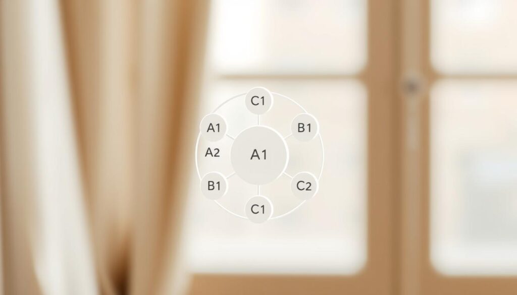 A high-quality, detailed diagram illustrating the European Common Framework of Reference for Languages (CEFR). The image should feature a clean, minimalist design with a neutral color palette, showcasing the CEFR's six proficiency levels - A1, A2, B1, B2, C1, and C2 - arranged in a clear, easily understandable format. The diagram should be presented against a soft, blurred background, with crisp lines and shapes to highlight the key components. Utilize an isometric or 3D perspective to create a sense of depth and visual interest. The overall aesthetic should convey a sense of clarity, organization, and educational value to effectively complement the article's focus on advanced English learning and the CEFR framework.