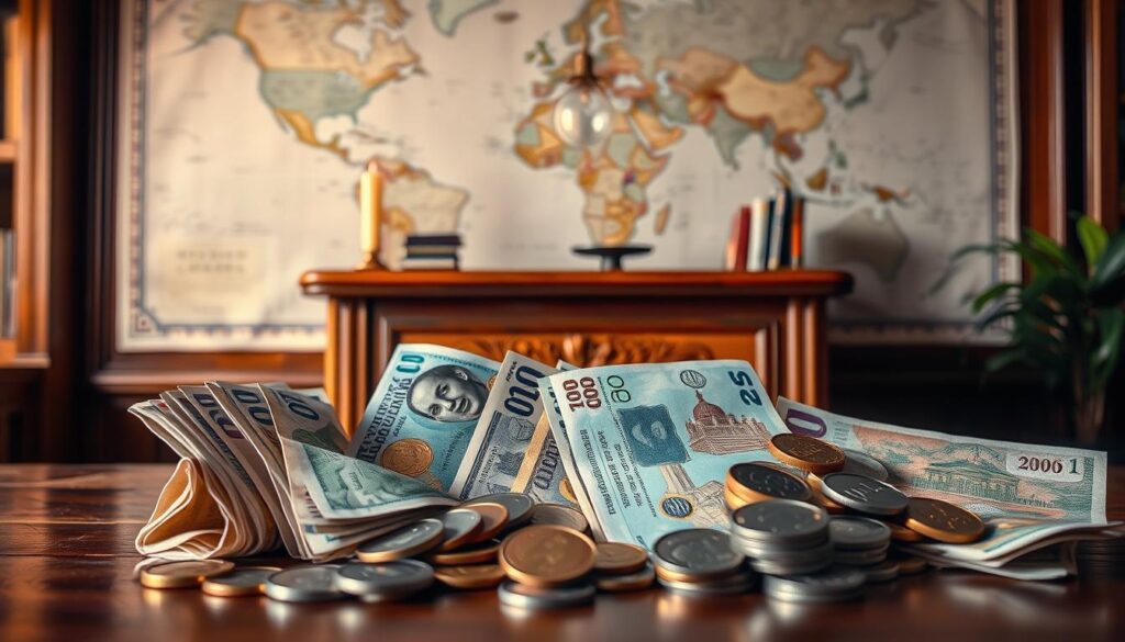 A meticulously crafted scene depicting the essentials of currency exchange. In the foreground, an array of international bills and coins are artfully arranged, their vibrant hues and textures illuminated by soft, directional lighting. The middle ground features a vintage-style currency exchange desk, its wooden surface polished to a warm glow. Behind it, a large world map in muted tones provides a subtly informative backdrop, evoking the global nature of currency conversion. The overall mood is one of sophistication and practicality, guiding the viewer through the nuances of navigating foreign finances with ease and confidence.