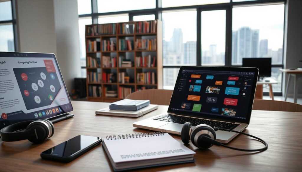 A modern office setting with a variety of digital devices and tools for English language learning. In the foreground, a laptop or tablet displaying an interactive language app or online learning platform. On the desk, a smartphone, wireless headphones, and a digital notebook. In the middle ground, a bookshelf with language-learning textbooks and resources. The background features large windows overlooking a cityscape, creating a bright, airy atmosphere. Soft, natural lighting illuminates the scene, emphasizing the technology-driven, contemporary nature of the language learning experience.