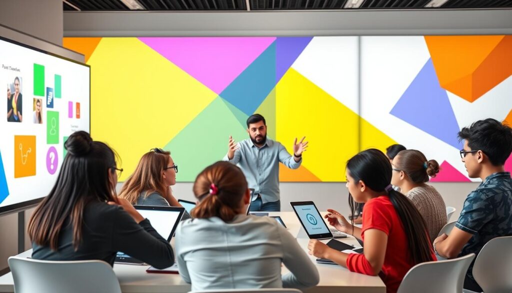 A modern, sleek classroom setting with a vibrant, colorful backdrop. In the foreground, a group of diverse students engaged in a collaborative learning session, using a large interactive display board and tablets. The lighting is bright and natural, creating a sense of energy and innovation. In the middle ground, the instructor gestures animatedly, guiding the students through an engaging, hands-on lesson. The background features abstract geometric shapes and patterns, representing the dynamic and forward-thinking nature of the "metodologia inovadora." The overall composition conveys a sense of dynamism, interactivity, and the transformative power of innovative teaching methods.