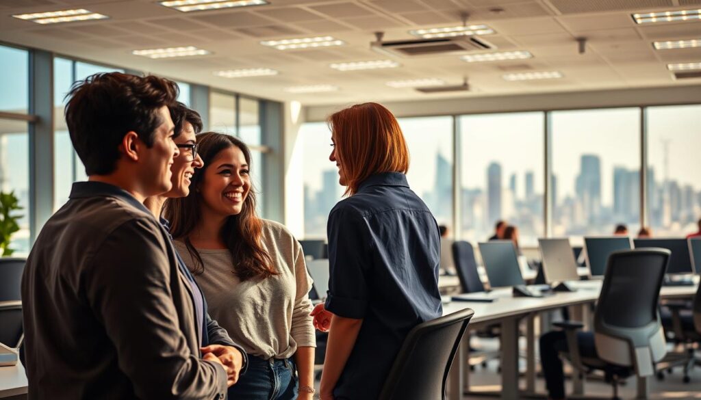 A modern, well-equipped English language school set against a vibrant urban backdrop. In the foreground, a group of students engaged in lively conversation, their faces alight with the joy of learning. The middle ground showcases a spacious, sun-drenched classroom with sleek, ergonomic desks and state-of-the-art technology. In the background, the skyline of a thriving city skyline, hinting at the global opportunities awaiting those who master the English language. Warm, inviting lighting creates a welcoming atmosphere, while a sense of dynamism and progress permeates the scene, reflecting the school's commitment to excellence and innovation.