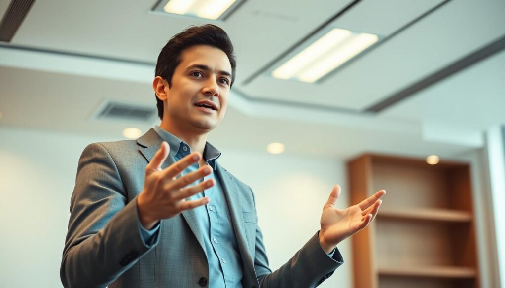 A professional business person standing confidently, delivering an engaging speech or presentation, with clear and expressive hand gestures. The scene is set in a modern, well-lit conference room or office, with a clean, minimalist backdrop that allows the communicative skills to take center stage. The lighting is soft and flattering, creating a warm, inviting atmosphere. The person's attire is polished and professional, conveying authority and expertise. The overall mood is one of effective communication, confidence, and the ability to captivate an audience.