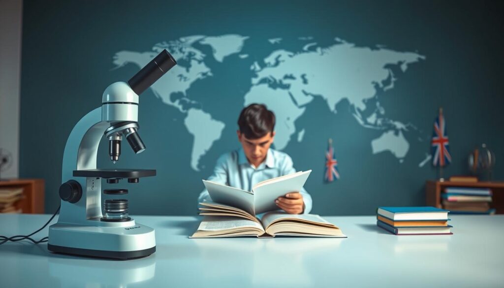 A scientific method for learning English, displayed as a structured process with distinct steps. In the foreground, a microscope and laboratory equipment symbolize the analytical, methodical approach. In the middle ground, a student diligently studies textbooks and takes notes, representing the dedicated learning process. The background features a world map and international flags, conveying the global reach and importance of the English language. Soft, diffused lighting creates a contemplative, educational atmosphere, with a clean, minimalist color palette of blues, grays, and whites.