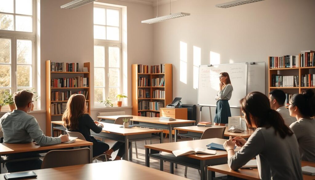 A serene, sunlit classroom with students engrossed in advanced English language lessons. In the foreground, a teacher stands at the whiteboard, gesturing expressively as she explains complex grammatical structures. Bookshelves line the walls, filled with dictionaries and literature. Soft natural light filters through large windows, casting a warm glow over the scene. The students, seated at modern desks, diligently take notes, their faces illuminated with focused determination. An air of intellectual curiosity and dedication permeates the space, reflecting the pursuit of mastering the English language at an advanced level.