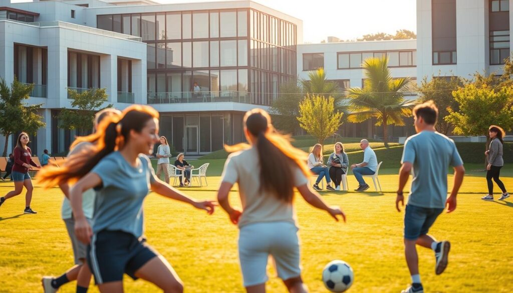 A vibrant and dynamic scene of extracurricular activities during a study abroad program. In the foreground, a group of students engaged in a lively game of soccer, their laughter and energy filling the air. In the middle ground, a small outdoor classroom setting with students gathered around a professor, deep in discussion. In the background, a modern university campus with sleek architecture and lush green spaces, bathed in warm, golden sunlight. The overall atmosphere is one of collaboration, intellectual stimulation, and the boundless opportunities that come with global immersion.