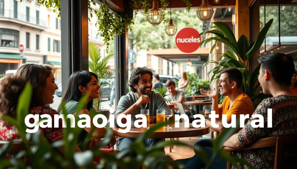 A vibrant and natural scene depicting "gramática natural" - a group of friends engaged in casual conversation, reflecting the essence of learning English through organic, native-like interactions. The foreground features the group sitting around a cozy café table, their faces animated as they converse animatedly. The middle ground showcases the warm, inviting atmosphere of the café, with lush greenery and natural lighting filtering through large windows. In the background, a bustling urban street is visible, hinting at the real-world context where this natural learning takes place. The overall mood is one of relaxed camaraderie and authentic language acquisition, capturing the essence of the "Inglês com Nativos" learning approach.