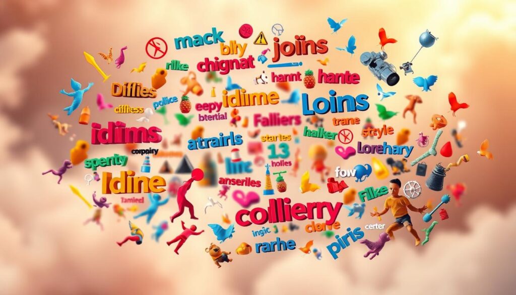 A vibrant collage depicting a variety of colorful, expressive idioms and slang expressions floating in a dynamic, three-dimensional space. In the foreground, playful metaphors and colloquial phrases appear to dance and interact, reflecting the lively, engaging nature of idiomatic language. The middle ground features a mix of iconic visual representations and symbolic elements that further illustrate the diverse meanings and cultural nuances of these linguistic devices. The background is a softly blurred, dreamlike environment, suggesting the imaginative, evocative power of idiomatic expressions. Warm, diffused lighting creates a sense of depth and atmosphere, while the overall composition conveys the richness, flexibility, and creative potential of this essential aspect of conversational English.