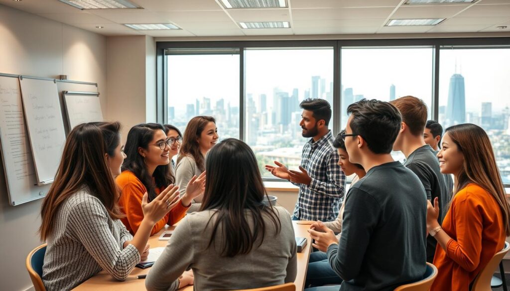 A vibrant, dynamic image showcasing a diverse group of young adults immersed in an English language course. In the foreground, students of various nationalities engage in animated discussions, gesturing enthusiastically as they practice conversational skills. The middle ground features a modern, well-equipped classroom setting with whiteboards, learning materials, and the instructor guiding the lesson. The background depicts a bustling city skyline, hinting at the global opportunities that await these language learners. The lighting is warm and inviting, creating a sense of energy and productivity. Captured with a wide-angle lens, the scene conveys the collaborative, international atmosphere of an immersive English language program.