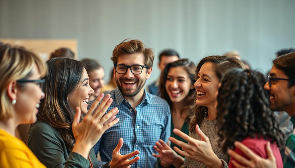 A vibrant, dynamic scene depicting a group of diverse individuals engaged in lively conversation, their faces animated with expressive idioms and gestures. The foreground features a well-lit focal point, showcasing the interplay of facial expressions, hand motions, and body language as they animatedly discuss a topic. The middle ground includes a mix of additional conversing figures, creating a sense of an active, social setting. The background subtly blends into a softly blurred, contextual environment, allowing the central figures to take center stage. The overall mood is one of energy, engagement, and the joyful exchange of ideas, reflecting the rapid learning that can occur through immersive native-speaker interactions.