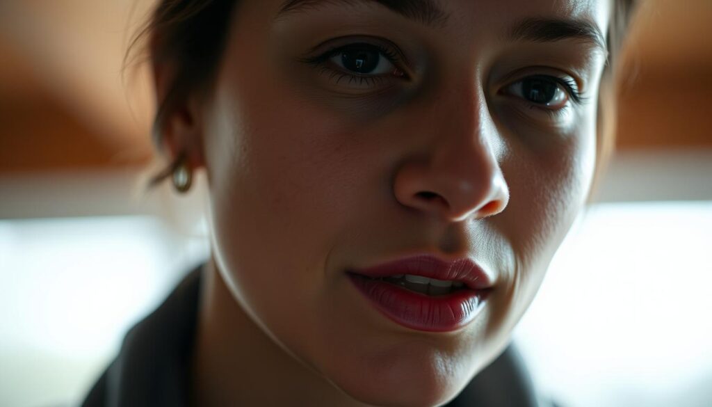 A well-lit close-up portrait of a person's face, focused on the mouth and lips, with a serene and contemplative expression. The background is blurred, emphasizing the subject's facial features. The lighting is soft and natural, illuminating the subtle details of the person's pronunciation as they speak. The depth of field is shallow, creating a sense of intimacy and attention to the act of speaking. The overall mood is one of thoughtfulness and focus on the mechanics of English pronunciation.