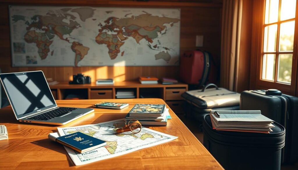 A well-organized study area with a wooden desk, a laptop, travel guides, and a suitcase. The room is bathed in warm, natural lighting filtering through large windows, creating a cozy and focused atmosphere. On the desk, a map, a passport, and a stack of documents symbolize the planning and preparation for an upcoming international exchange program. The background features a world map on the wall, hinting at the global reach of the experience. The overall scene conveys a sense of excitement, anticipation, and diligent preparation for an enriching journey ahead.